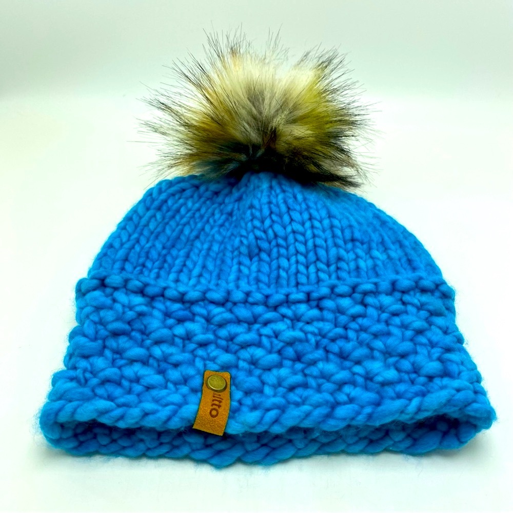 nitto Blue Knit Beanie With Faux Fur Ball